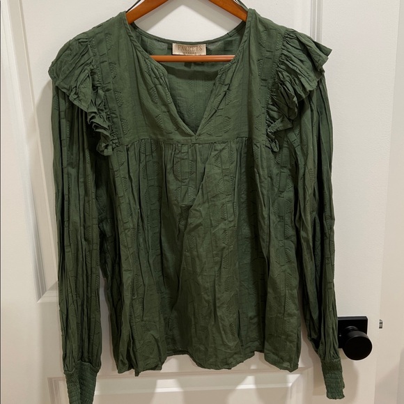 Farmers Market Tops - Women's Ruffled Green Blouse with Ruffled Detail